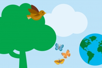 Cartoon illustration of tree, globe, bird and butterflies
