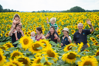 Family with Nicholas Watts' younger grandchildren in sunflower field