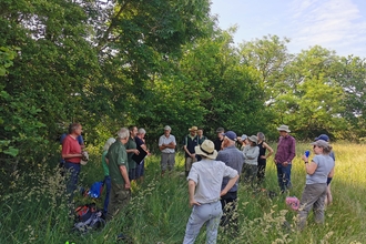 A work party group of adults in outdoors clothing stood in a circle in a meadow with tall green trees in the backgroud. They are stood in a circle listening to a Nature Reserves Ranger discuss the meadow
