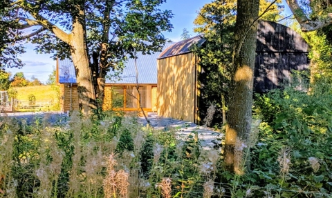 View of the barn through trees