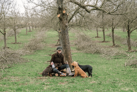 Woman and dogs sat under a tree in an orchard 