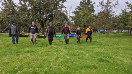 Six people walking in a grassy field with coloured trays of fruit carried between them