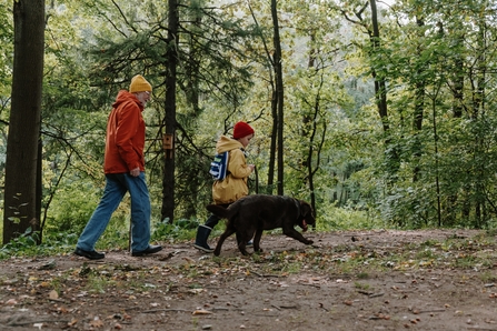 An older man and young boy walking with a dog in a wood