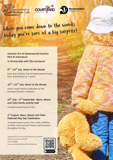 Poster with background image of child walking down a sunlit path holding a teddy bear; text overlaid on top