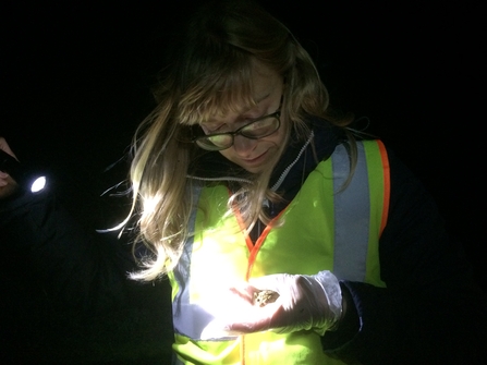 Woman with long blonde hair wearing a hi-vis jacket, holding a toad, in the dark