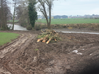 View of bare earth with pile of branches and river flowing behind