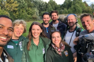 Group selfie with Countryfile presenters, camera crew and HWT staff