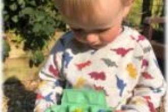 Young child holding an egg box filled with little nature finds