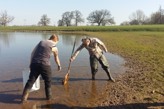 Two people on edge of pond with net