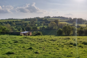 View across field with fields and trees in the distance