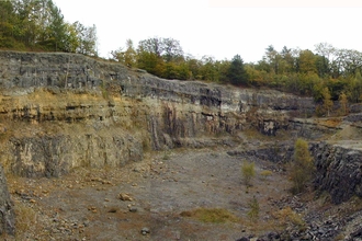 Old quarry with grey rock faces and encroaching vegetation