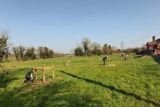 View across a field with people beside wooden tree guards