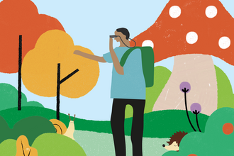 Illustration of a colourful, abstract landscape with a pale blue sky. In the foreground of the image are hedges, flowers, a hedgehog, and a snail. Slightly further from the foreground is a character wearing a turquoise t-shirt with short black hair, looking through some binoculars and pointing into the distance. In the background are trees and an oversized mushroom.