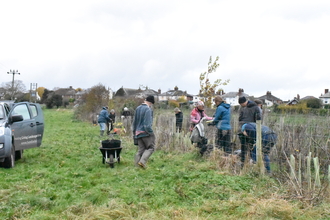 Group of people working in a grassy field