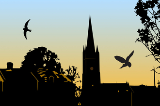 Weobley scene with birds in foreground