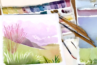 Watercolour images with brushes and paint