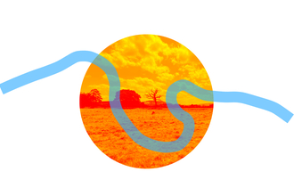 Orange crcular photographic image of the meadows with blue line in the shape of the River Wye running across it