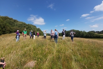Group of people stood in meadow in summer sunshine