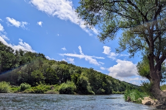 View of River Wye with wooded hillside rising from far bank