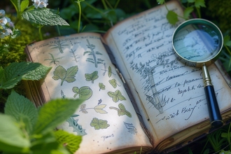 nature journal and magnifying glass surrounded by plants