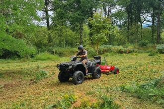 Person on a quad in a woodland clearing