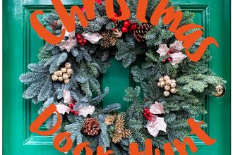 Trail poster with photograph of a green door with a festive Christmas wreath