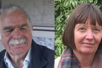 Head portraits of a man with grey hair and a moustache and a woman with brown hair in a bob