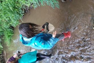 children steam dipping with nets 