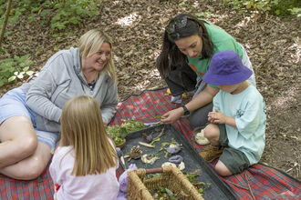 Two women and two young children playing with natural materials sat on tartan blanket outdoors