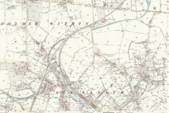 Map of Hereford 1885 with the canal in blue 