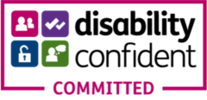 Logo with small, coloured graphic icons and black and pink text