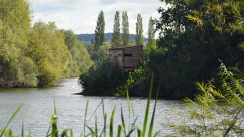 View of tree-lined lake with bird hide