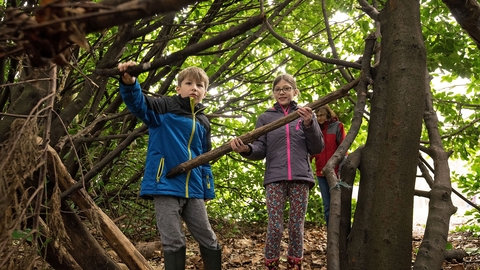 A boy and girl holding branches constructing a shelter in a woodland