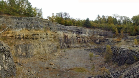 Old quarry with grey rock faces and encroaching vegetation