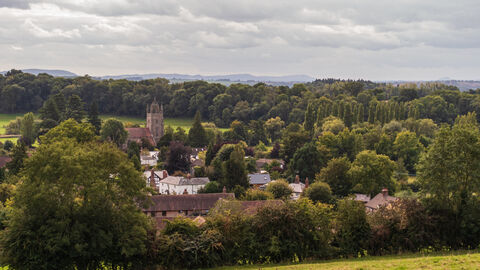 View over village nestled in trees