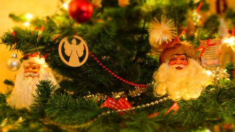 Christmas decorations hanging on a tree