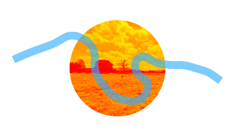 Orange crcular photographic image of the meadows with blue line in the shape of the River Wye running across it