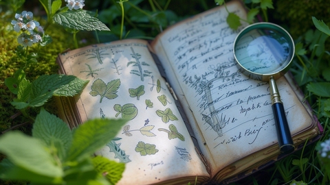nature journal and magnifying glass surrounded by plants