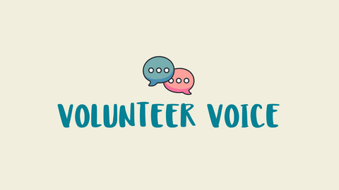 Pink and blue cartoon speech bubbles with coloured text below