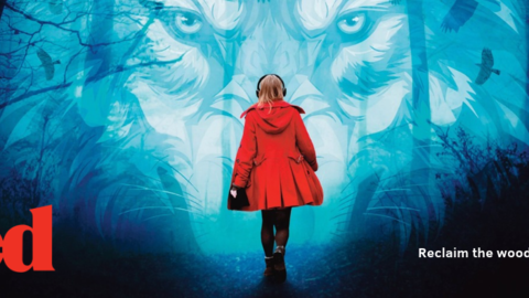 Girl in red coat walking towards the face of a wolf in the dark with woodland edge