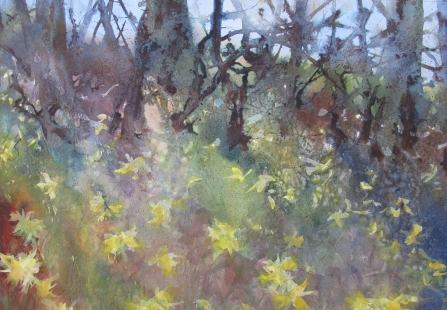 Painting of daffodils in a woodland
