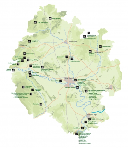 Map of Herefordshire showing nature resrves