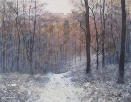 Painting of a woodland path in snow