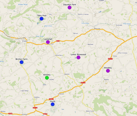 Map showing roads with coloured dots at specific locations