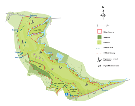 Illustrated map showing boundary and footpaths across long green meadow