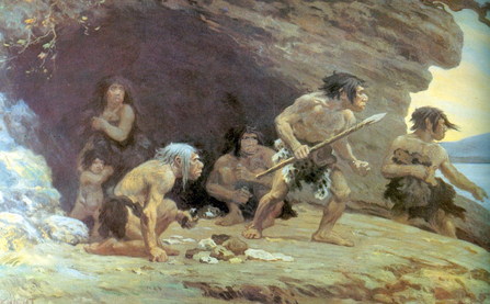 Painting of Ice Age people wearing animal skins at the entrance to a cave