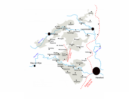 Map showing shaded areas, towns and red line down right hand side