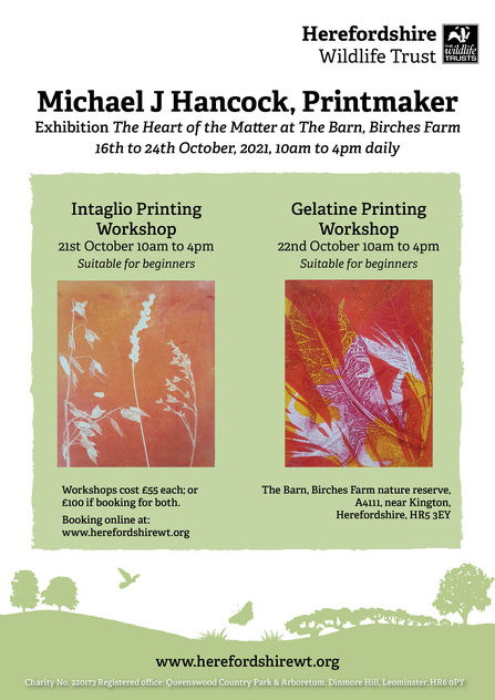 poster with two images of floral prints in orange/ white