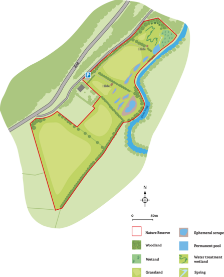 Illustrated map of reserve with five fields outlined in red a blue river on the right side; a grey road on the left; all other features green