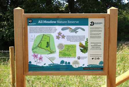 Wooden-framed information board with grass and trees behind